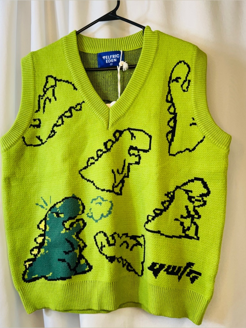Aelfric Eden Lime Green Dino Sweater Vest Unisex Preppy Retro Streetwear size M